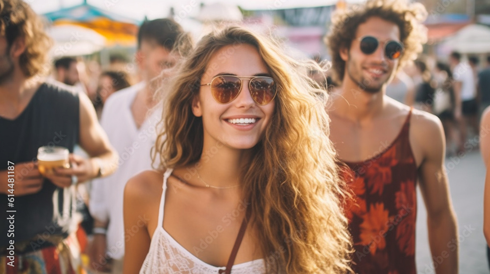 young adult woman outdoors strolling through town in summer, transgender friends and boys, tank top and sunglasses, fun and joy, contentment in free time or weekend, fictional location young adult woman outdoors strolling through town in summer, transgender friends and boys, tank top and sunglasses, fun and joy, contentment in free time or weekend, fictional location