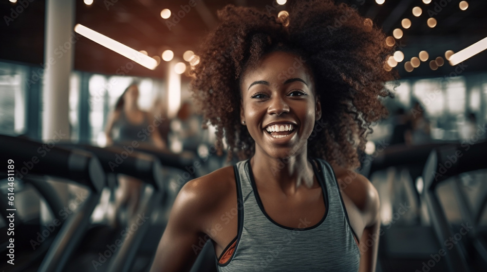 young adult woman in gym, treadmill and exercising, fit, indoor, smiling happy and balanced, fictional location