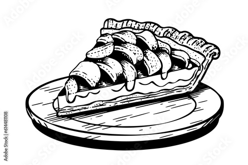 Piece of apple pie hand drawn engraving style vector illustration.