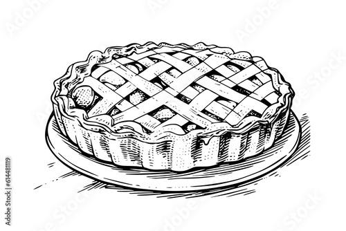 Apple pie hand drawn engraving style vector illustration