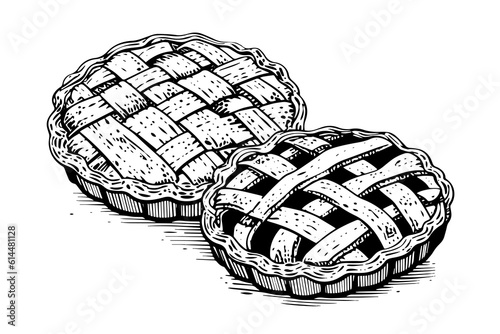 Apple pie hand drawn engraving style vector illustration