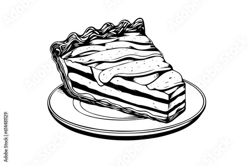 Piece of apple pie hand drawn engraving style vector illustration.