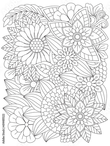 Flower pattern. Vector doodle flowers in black and white. Floral doodle pattern in black and white for coloring. Page adult coloring book.
