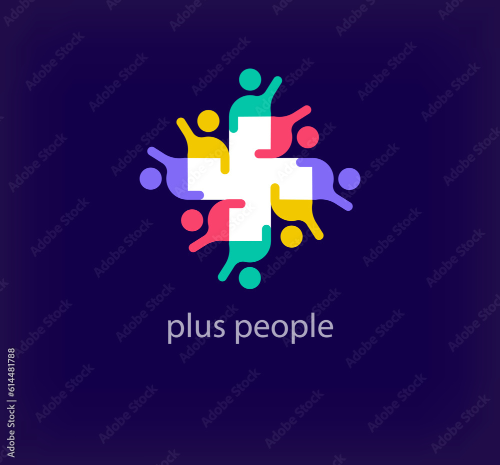 People plus team logo around creative heart. Unique color transitions. Unique teamwork plus logo template. vector