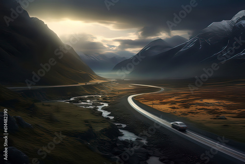 Cars driving on highways in the mountains. AI technology generated image