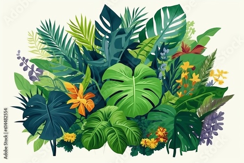 Illustration of lush green tropical foliage and plants in a jungle setting created with Generative AI technology