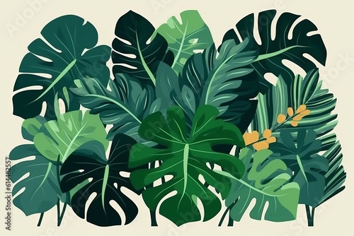 Illustration of lush green tropical foliage and plants in a jungle setting created with Generative AI technology