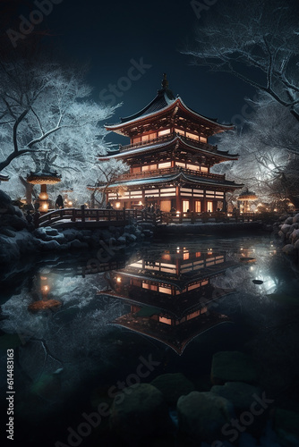 Illuminated Japanese House on a Lake, in a Magical Winter Garden, Nature Landscape at Night. V6.