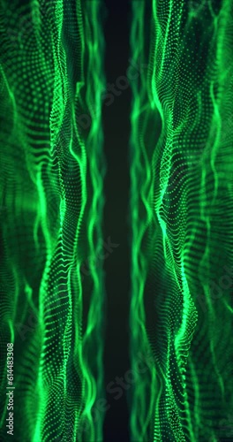 Abstract footage with wavy green particles. Depth of field effect, blur effect, loop possible. vertical video.