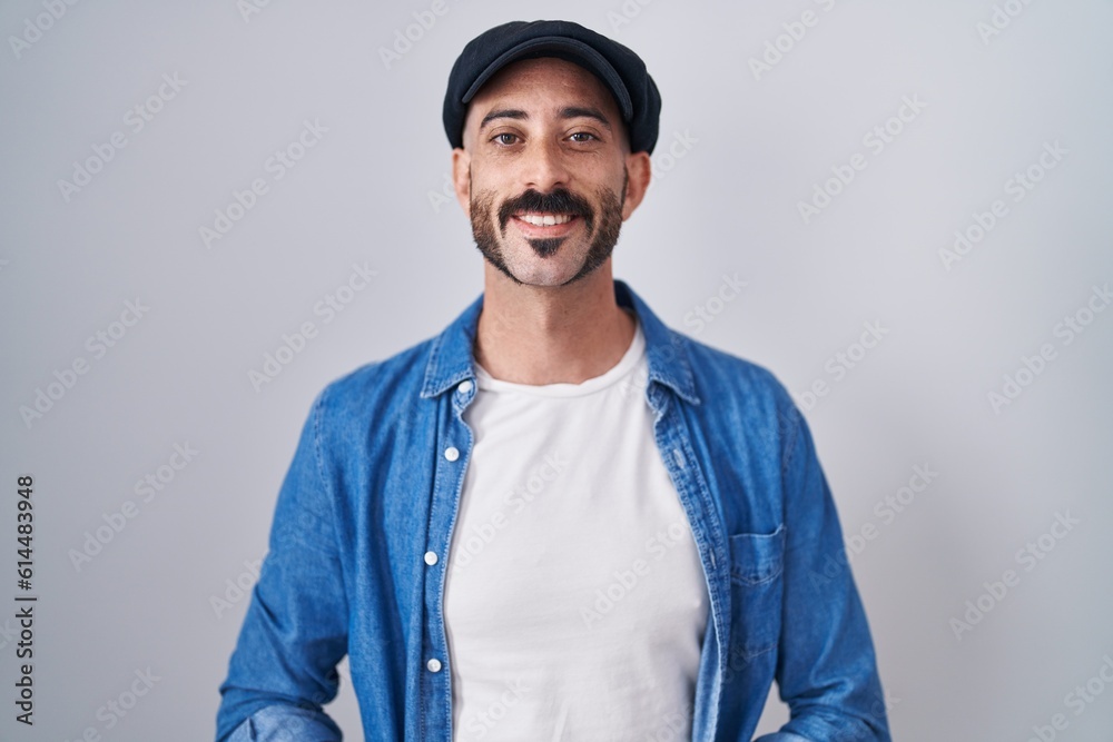 Hispanic man with beard standing over isolated background with hands together and crossed fingers smiling relaxed and cheerful. success and optimistic Hispanic man with beard standing over isolated background with hands together and crossed fingers smiling relaxed and cheerful. success and optimistic