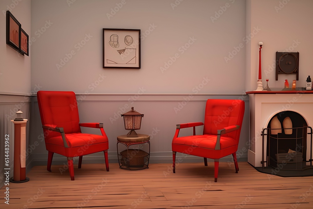 interior with fireplace with old red chair. 3d illustration , 8k - generative ai interior with fireplace with old red chair. 3d illustration , 8k - generative ai