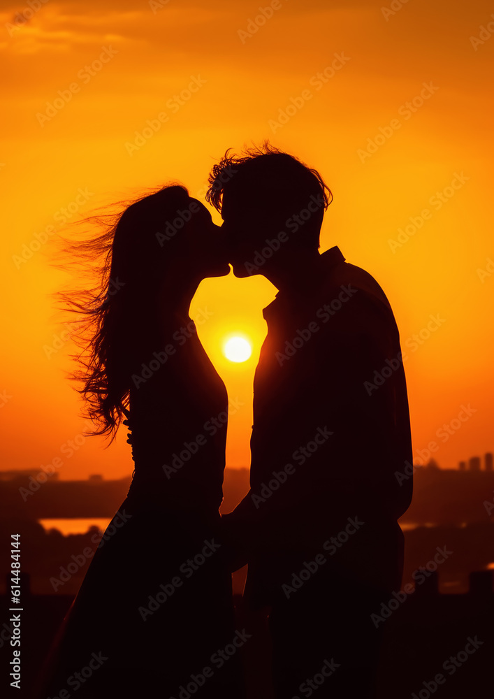 Young couple, man and woman kissing - only their silhouettes visible against orange sunset sky. Generative AI 