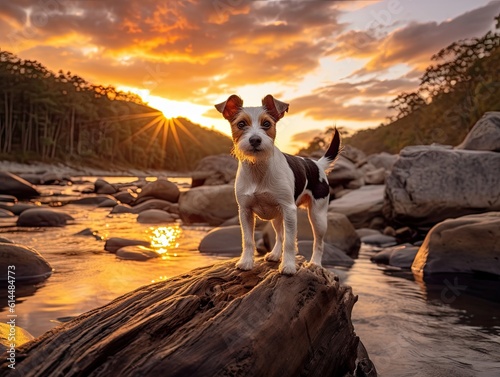 Riverside Balancing Act: Fox Terrier on Driftwood Log