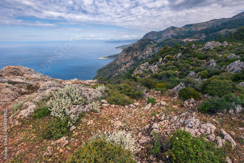 Panoramic landscape from rocky hill top to coastline, mountains, beaches and sea, Lycian Way, Turkey © Igor