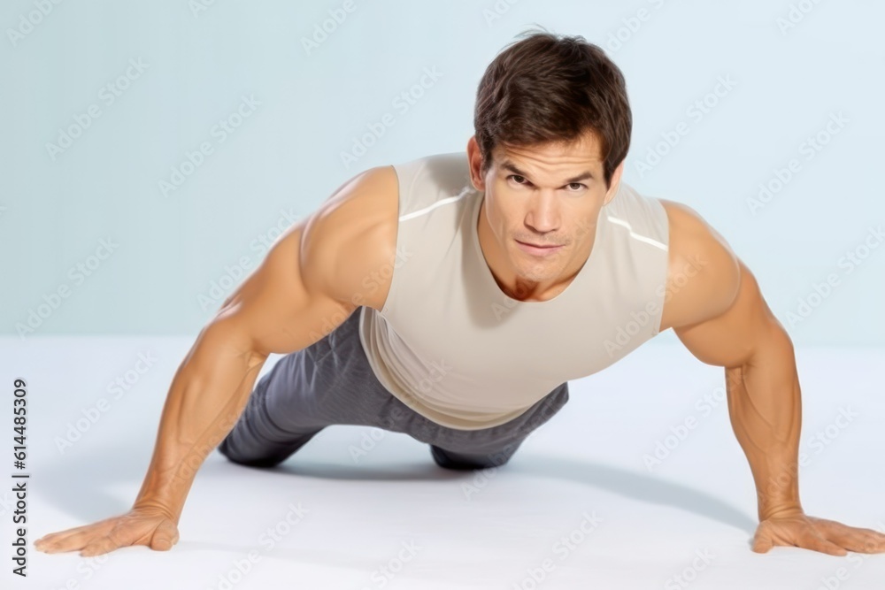A man doing push up. Isolated on plain background. Generative AI illustration. A man doing push up. Isolated on plain background. Generative AI illustration.