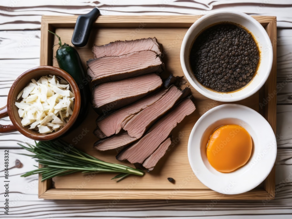 Close-up top view of ingredients for making a brisket stew, created with generative ai, ki Close-up top view of ingredients for making a brisket stew, created with generative ai, ki