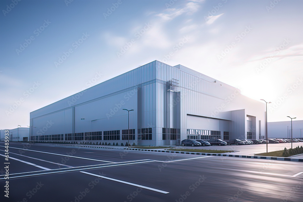 Modern logistics warehouse building structure. AI technology generated image - obrazy, fototapety, plakaty 