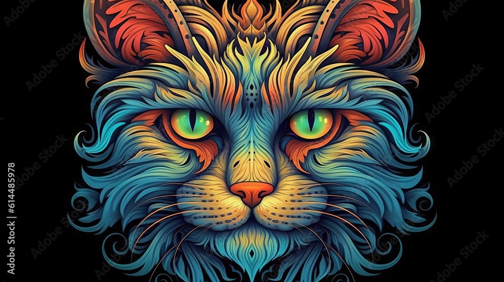 Cat face in abstract colorful pattern.  Made with Generative AI.