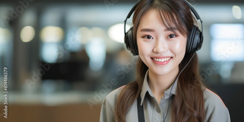 Smiling asia woman customer care representative working with headset in office. Woman telemarketing agent working in call center. Call center with headset makinga video call, generative ai