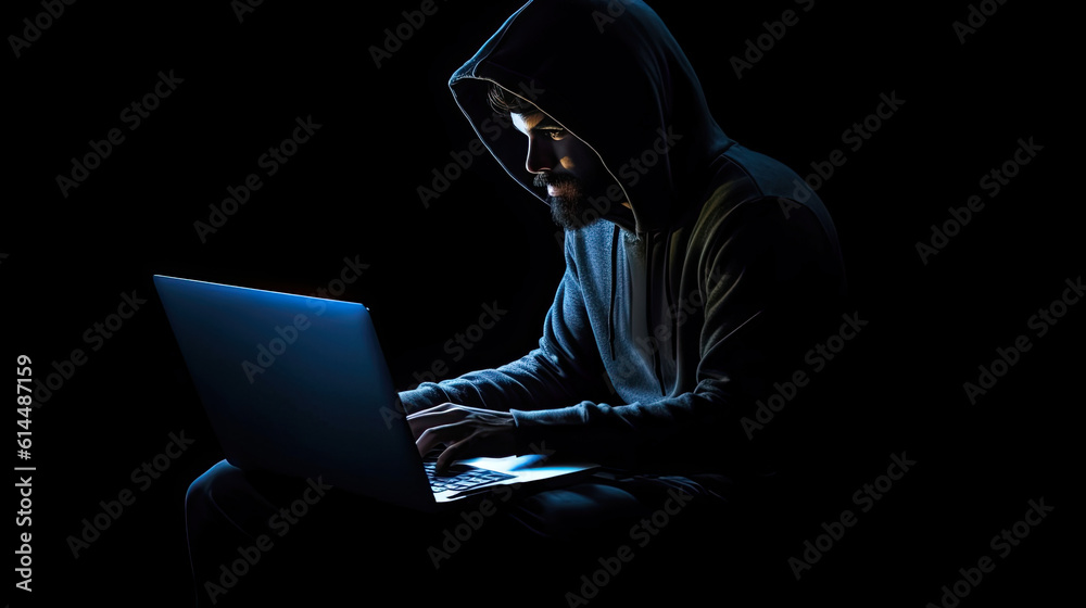 Hacker in the hood silhouette in the dark with laptop