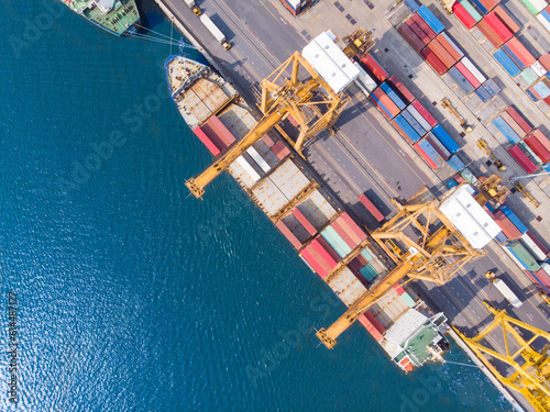 Obraz na płótnie Top view Logistics and transportation of Container Cargo ship and Cargo plane wi