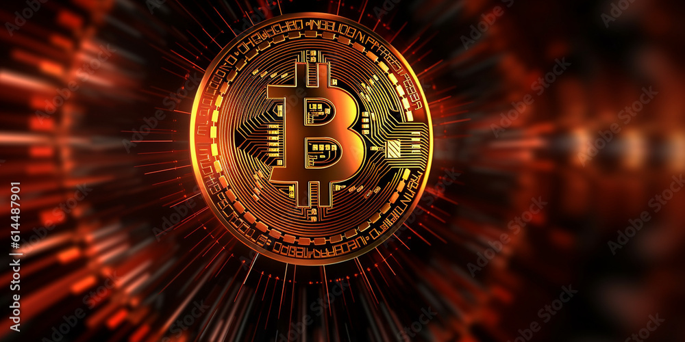 Goldene glänzende Bitcoin Münze im Licht und Schatten mit schönen Hintergrund, ai generativ Goldene glänzende Bitcoin Münze im Licht und Schatten mit schönen Hintergrund, ai generativ