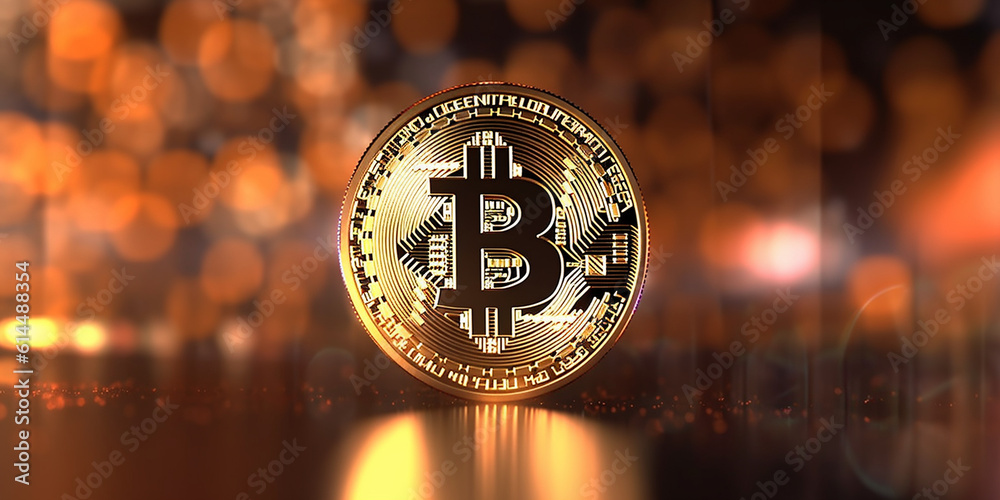 Goldene glänzende Bitcoin Münze im Licht und Schatten mit schönen Hintergrund, ai generativ Goldene glänzende Bitcoin Münze im Licht und Schatten mit schönen Hintergrund, ai generativ