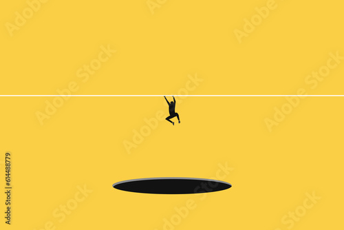 Business and financial crisis vector concept with businessman levitating and trying do not fall to abyss. Symbol of market crash, recession, risk, bankruptcy and loss. Eps10 illustration
