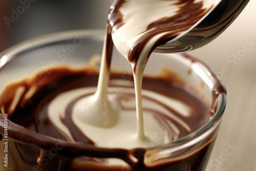 A close - up shot of a spoonful of chocolate syrup being drizzled into a glass of milk, creating a swirl of chocolate in the air. Generative AI