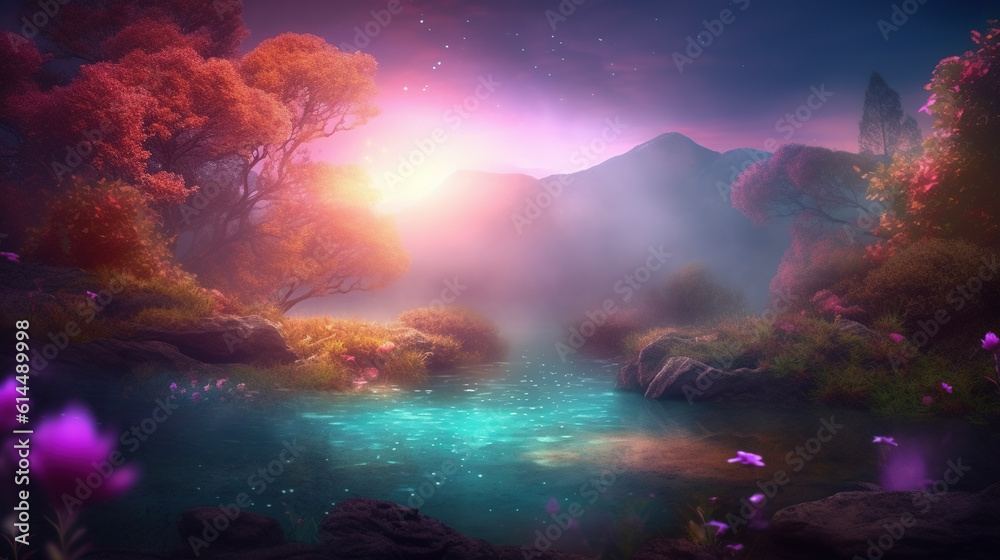 Dreamy fantasy landscape. Sunrise on a lake with mountain on background. AI