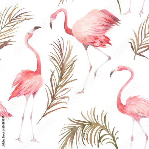 Tropical seamless pattern with flamingo and palm trees. Watercolor  print on white background. Summer hand drawn illustration