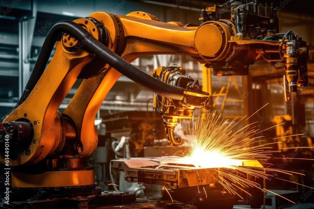 A close - up photo of a state - of - the - art assembly line in a car factory, showcasing the integration of automated robot arms and human workers. Generative AI A close - up photo of a state - of - the - art assembly line in a car factory, showcasing the integration of automated robot arms and human workers. Generative AI