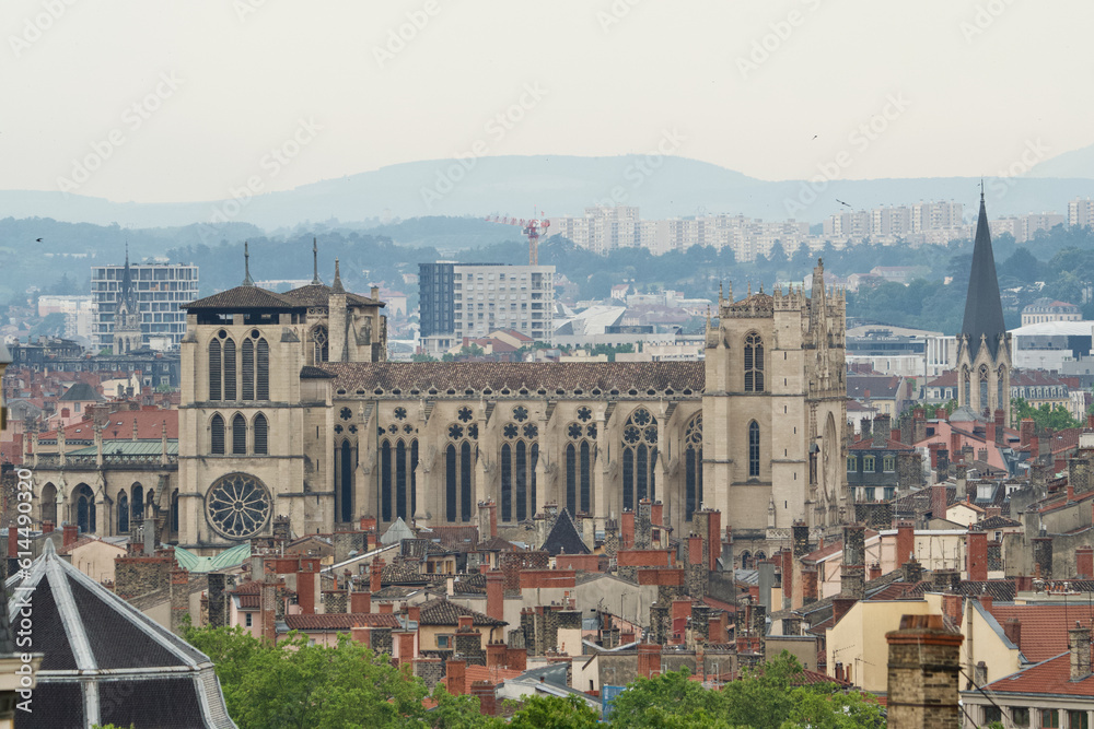 Side view of the famous Lyon Cathedral ( Saint Jean-Baptiste cathedral) with the 
Saint george church behind in Rhone Alpes, France.