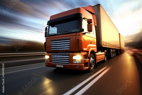 A close - up photo of a modern lorry in motion on a empty highway. Generative AI