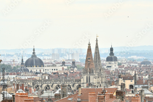 Lyon cityscape with many roofs and different ancient domes and towers from the Saint Nizier Church and the grand hotel Dieu