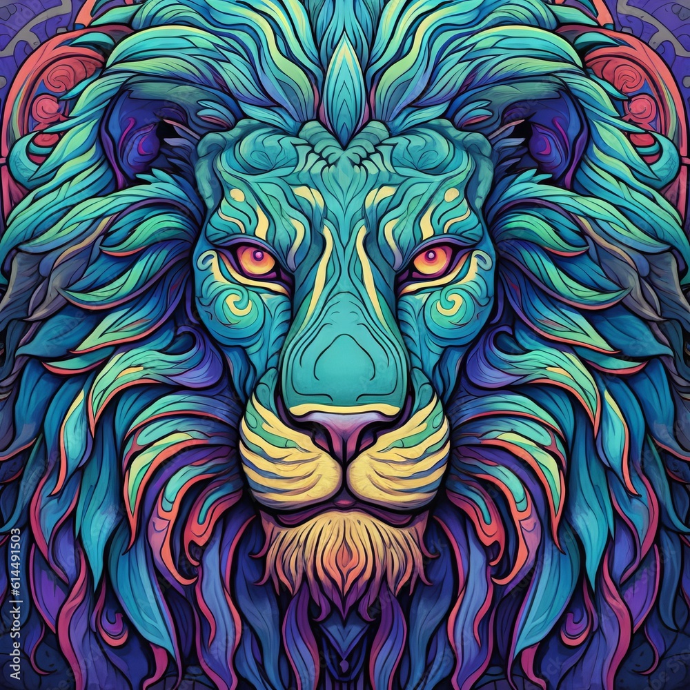 Lion head with mane in abstract colour and pattern. Made with Generative AI.