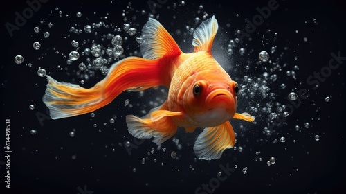 A tight frame capturing a vivid orange goldfish swimming against a monochrome background.