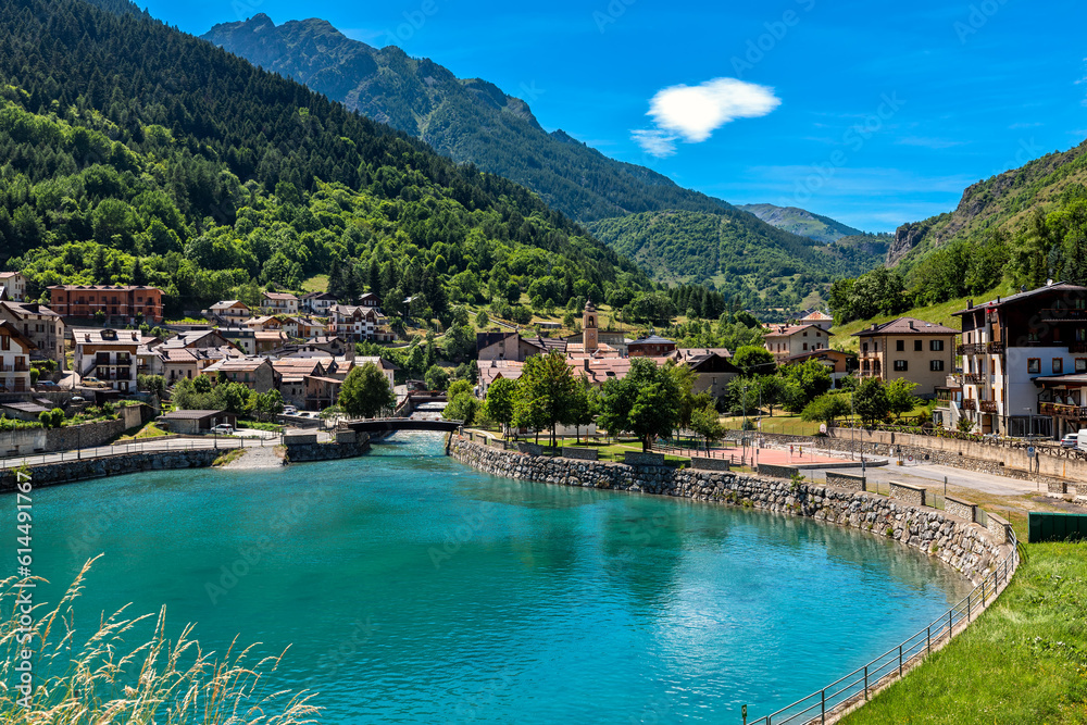 Beautiful lake and small town of Pietraporzio in the mountains in Piedmont, Italy.