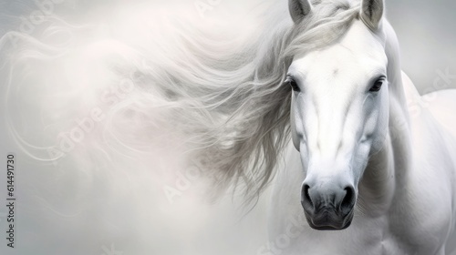 Majestic white horse, its flowing mane and powerful gaze. © MADMAT