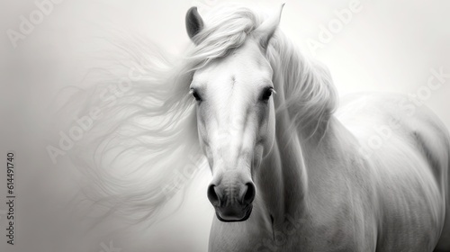 Majestic white horse, its flowing mane and powerful gaze.