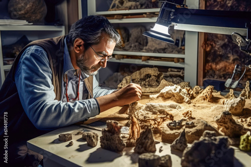 Paleontologist examining microscopic traces of ancient pollen grains in paleontology laboratory