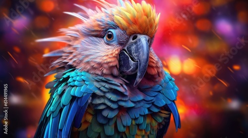 Multi - colored parrot, its vibrant feathers capturing attention against the monochrome background. © MADMAT