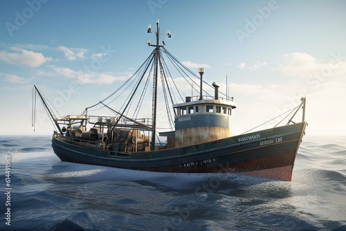 Large Fishing Trawler in the Ocean with Seafood Catch - Background Boat Image