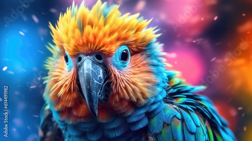 Multi - colored parrot, its vibrant feathers capturing attention against the monochrome background. © MADMAT