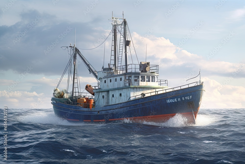 Large Fishing Trawler in the Ocean with Seafood Catch - Background Boat Image Large Fishing Trawler in the Ocean with Seafood Catch - Background Boat Image