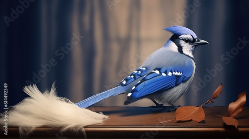 Vibrant blue jay perched on a monochrome canvas, its feathers displaying an array of shades.