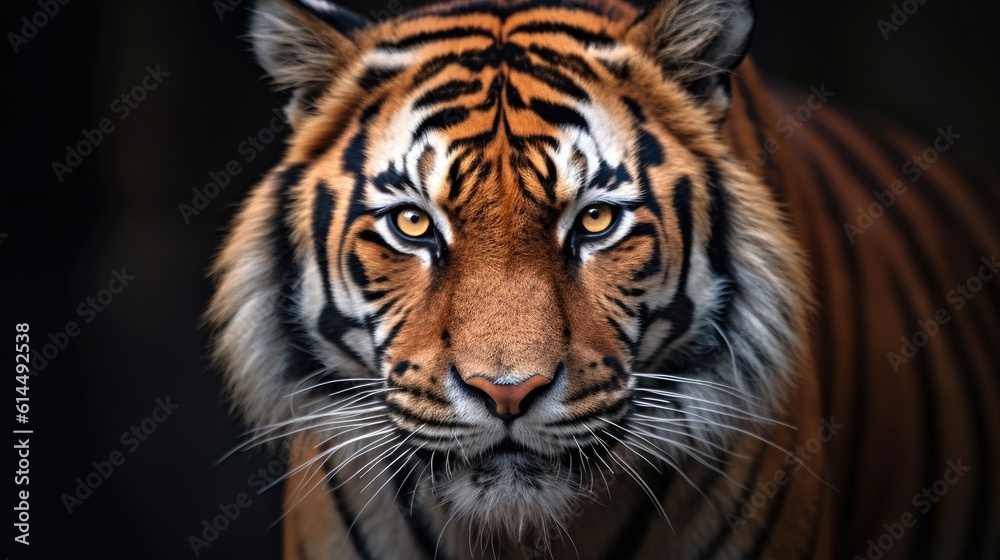 Fototapeta premium Radiant yellow - gold lion, its intense gaze directed towards the camera against a monochrome background.