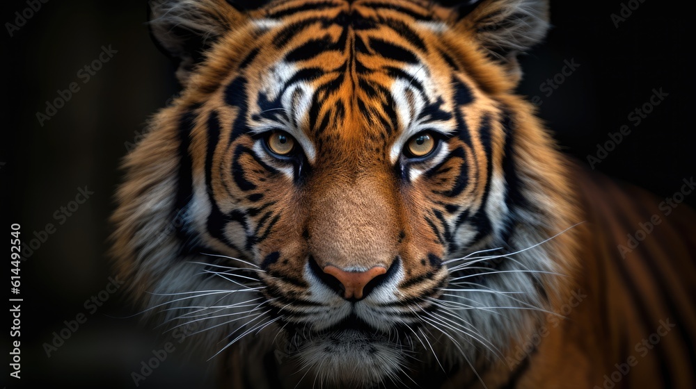 Fototapeta premium Radiant yellow - gold lion, its intense gaze directed towards the camera against a monochrome background.