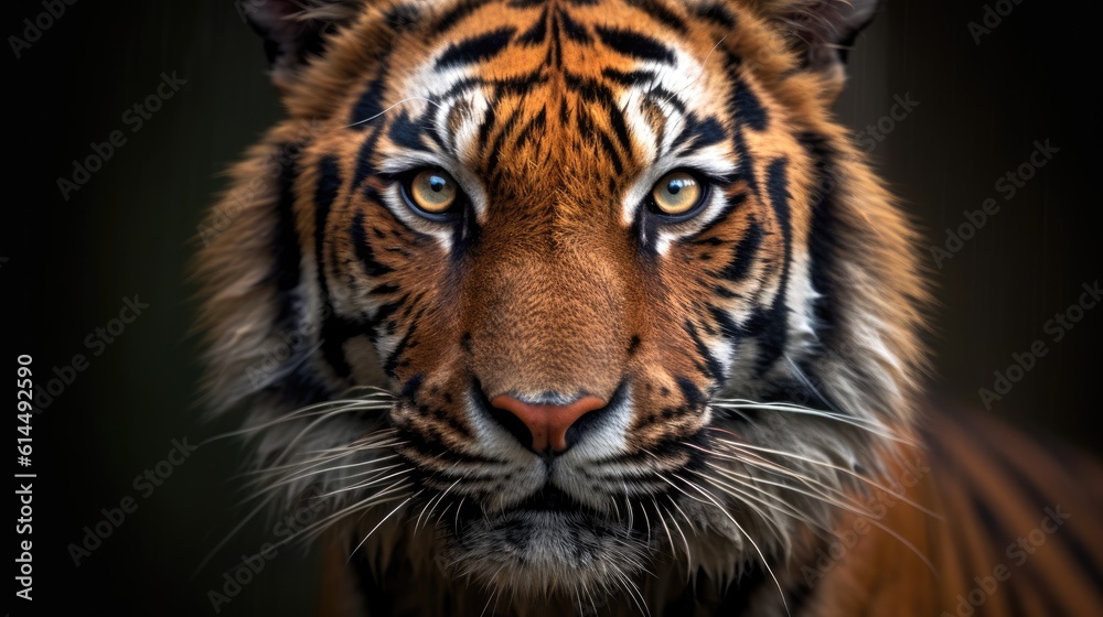 Radiant yellow - gold lion, its intense gaze directed towards the camera against a monochrome background.