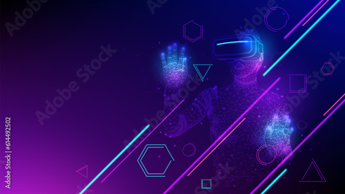 Concept of virtual reality technology. Woman wearing virtual reality headset connected to the virtual space. Vector illustration.
